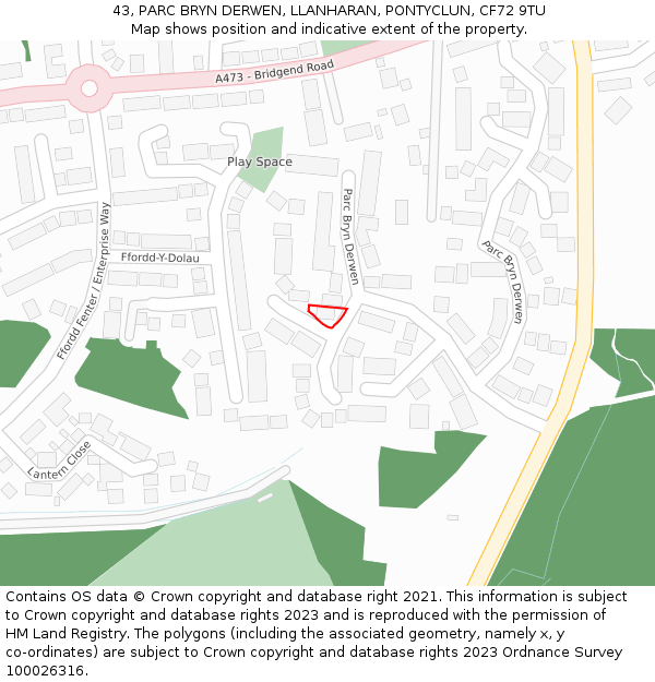 43, PARC BRYN DERWEN, LLANHARAN, PONTYCLUN, CF72 9TU: Location map and indicative extent of plot