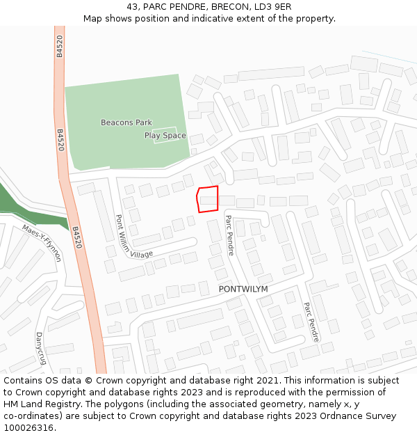 43, PARC PENDRE, BRECON, LD3 9ER: Location map and indicative extent of plot