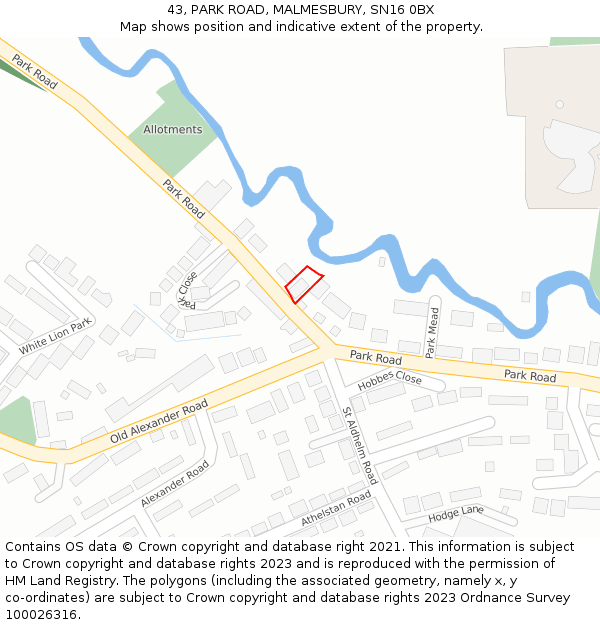 43, PARK ROAD, MALMESBURY, SN16 0BX: Location map and indicative extent of plot