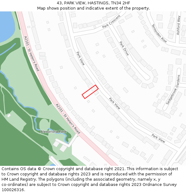 43, PARK VIEW, HASTINGS, TN34 2HF: Location map and indicative extent of plot
