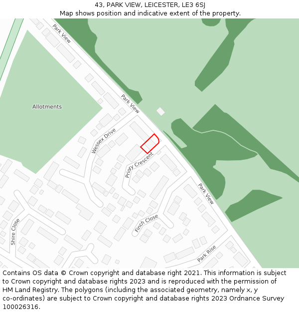 43, PARK VIEW, LEICESTER, LE3 6SJ: Location map and indicative extent of plot