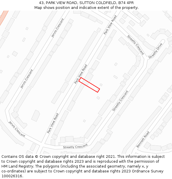 43, PARK VIEW ROAD, SUTTON COLDFIELD, B74 4PR: Location map and indicative extent of plot