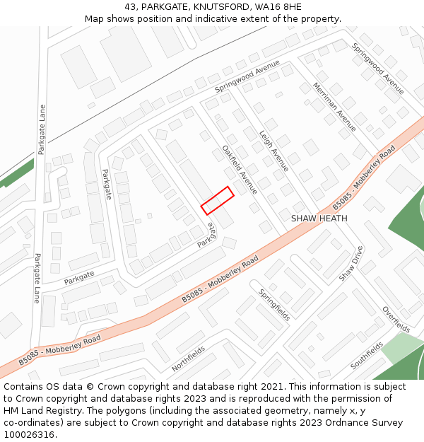 43, PARKGATE, KNUTSFORD, WA16 8HE: Location map and indicative extent of plot