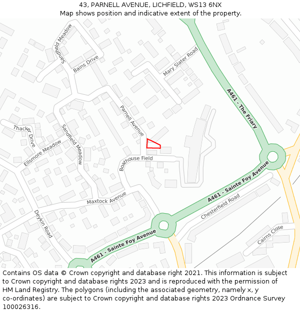 43, PARNELL AVENUE, LICHFIELD, WS13 6NX: Location map and indicative extent of plot