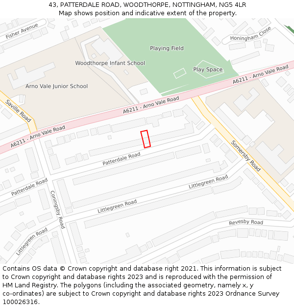 43, PATTERDALE ROAD, WOODTHORPE, NOTTINGHAM, NG5 4LR: Location map and indicative extent of plot