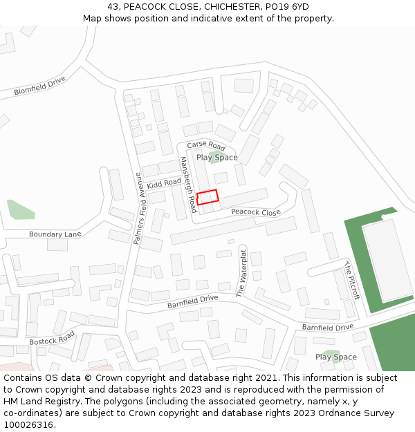 43, PEACOCK CLOSE, CHICHESTER, PO19 6YD: Location map and indicative extent of plot