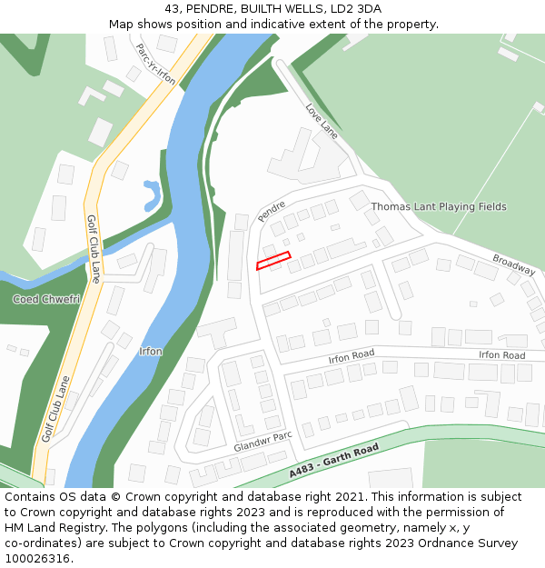 43, PENDRE, BUILTH WELLS, LD2 3DA: Location map and indicative extent of plot