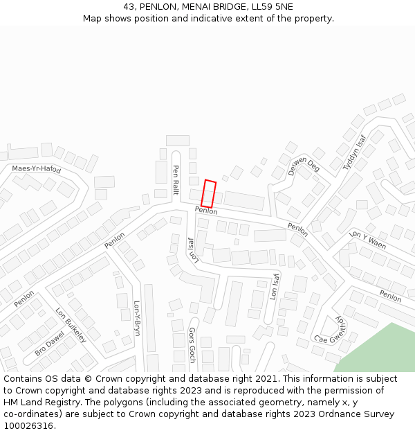 43, PENLON, MENAI BRIDGE, LL59 5NE: Location map and indicative extent of plot