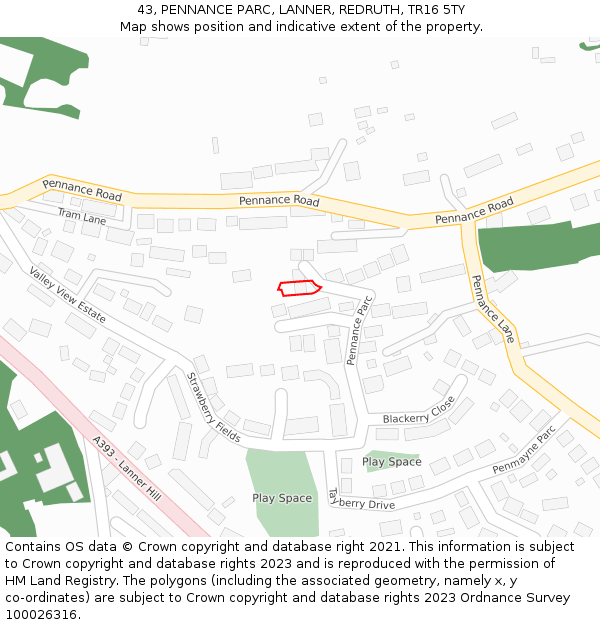 43, PENNANCE PARC, LANNER, REDRUTH, TR16 5TY: Location map and indicative extent of plot