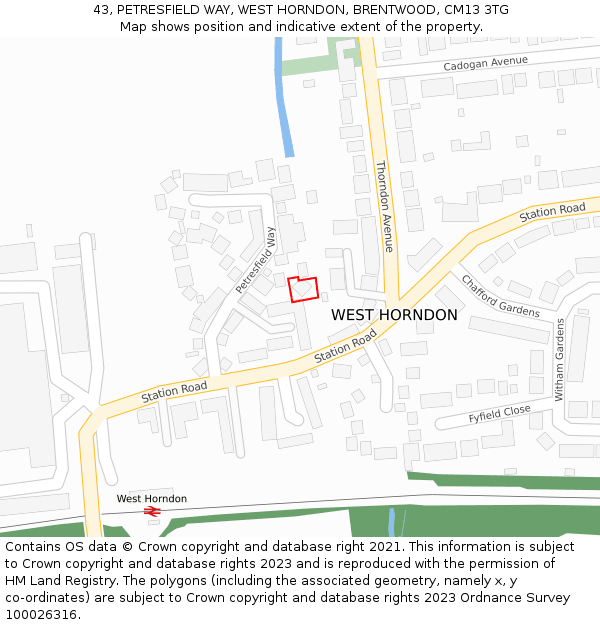 43, PETRESFIELD WAY, WEST HORNDON, BRENTWOOD, CM13 3TG: Location map and indicative extent of plot
