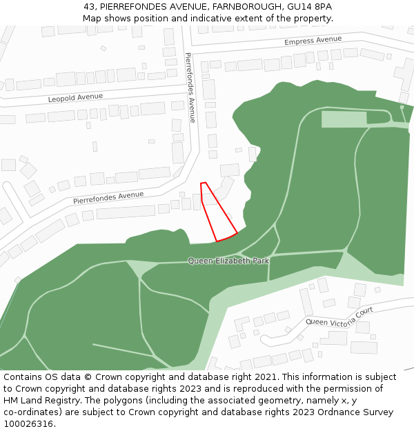 43, PIERREFONDES AVENUE, FARNBOROUGH, GU14 8PA: Location map and indicative extent of plot