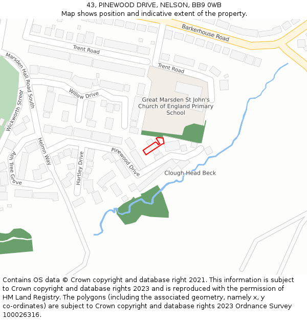 43, PINEWOOD DRIVE, NELSON, BB9 0WB: Location map and indicative extent of plot