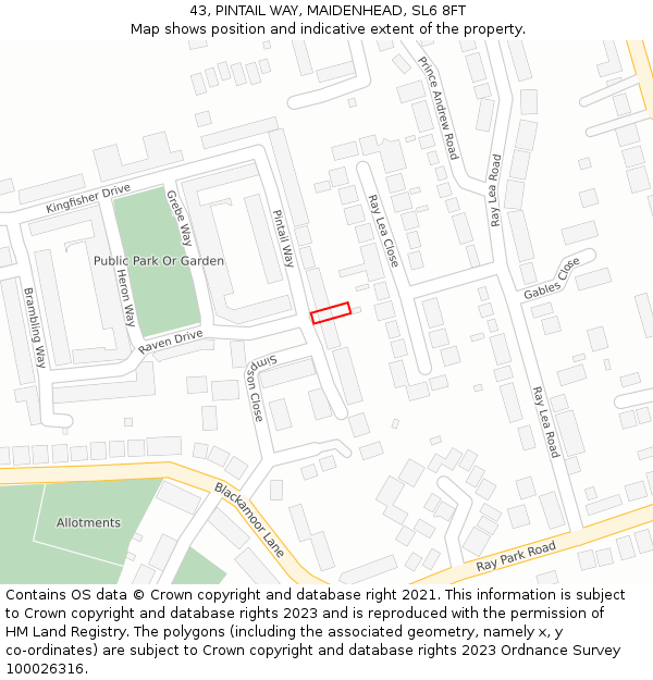 43, PINTAIL WAY, MAIDENHEAD, SL6 8FT: Location map and indicative extent of plot