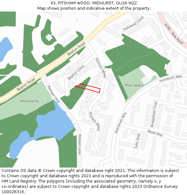 43, PITSHAM WOOD, MIDHURST, GU29 9QZ: Location map and indicative extent of plot