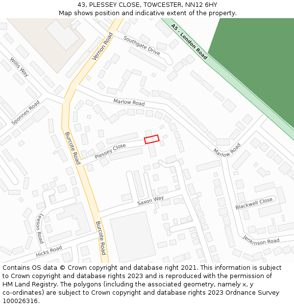 43, PLESSEY CLOSE, TOWCESTER, NN12 6HY: Location map and indicative extent of plot