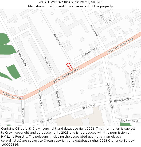 43, PLUMSTEAD ROAD, NORWICH, NR1 4JR: Location map and indicative extent of plot