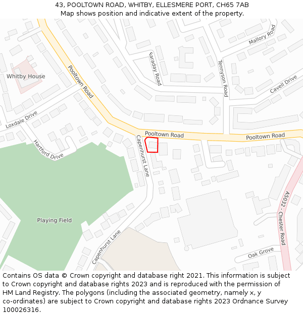 43, POOLTOWN ROAD, WHITBY, ELLESMERE PORT, CH65 7AB: Location map and indicative extent of plot