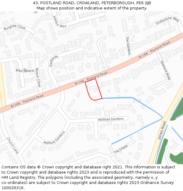 43, POSTLAND ROAD, CROWLAND, PETERBOROUGH, PE6 0JB: Location map and indicative extent of plot