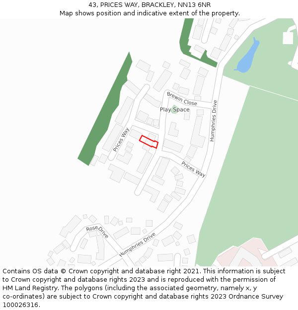 43, PRICES WAY, BRACKLEY, NN13 6NR: Location map and indicative extent of plot