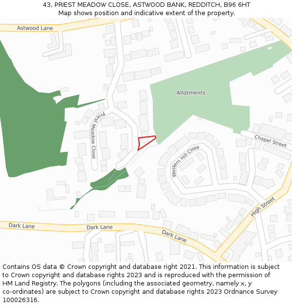 43, PRIEST MEADOW CLOSE, ASTWOOD BANK, REDDITCH, B96 6HT: Location map and indicative extent of plot