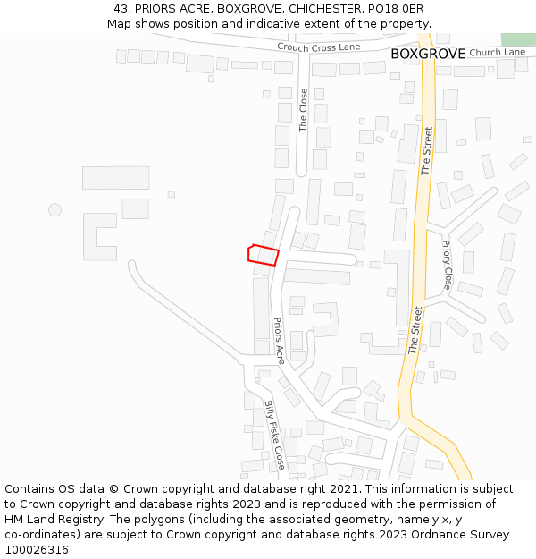 43, PRIORS ACRE, BOXGROVE, CHICHESTER, PO18 0ER: Location map and indicative extent of plot