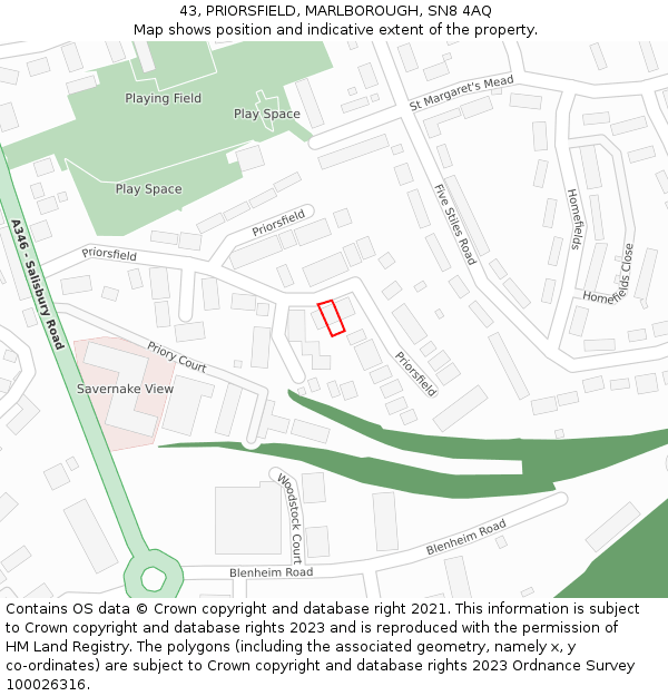 43, PRIORSFIELD, MARLBOROUGH, SN8 4AQ: Location map and indicative extent of plot