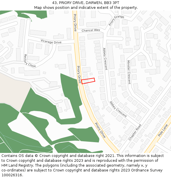 43, PRIORY DRIVE, DARWEN, BB3 3PT: Location map and indicative extent of plot