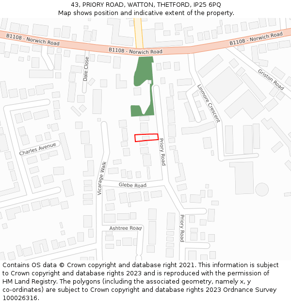 43, PRIORY ROAD, WATTON, THETFORD, IP25 6PQ: Location map and indicative extent of plot