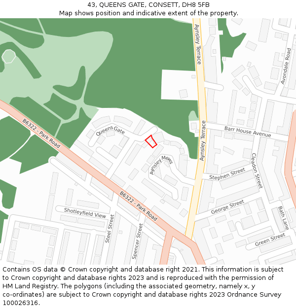 43, QUEENS GATE, CONSETT, DH8 5FB: Location map and indicative extent of plot