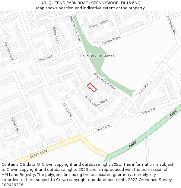 43, QUEENS PARK ROAD, SPENNYMOOR, DL16 6NQ: Location map and indicative extent of plot