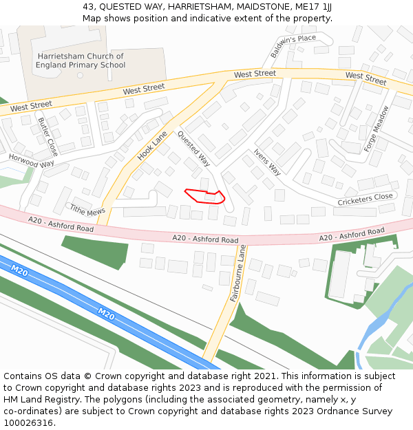 43, QUESTED WAY, HARRIETSHAM, MAIDSTONE, ME17 1JJ: Location map and indicative extent of plot