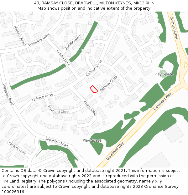 43, RAMSAY CLOSE, BRADWELL, MILTON KEYNES, MK13 9HN: Location map and indicative extent of plot