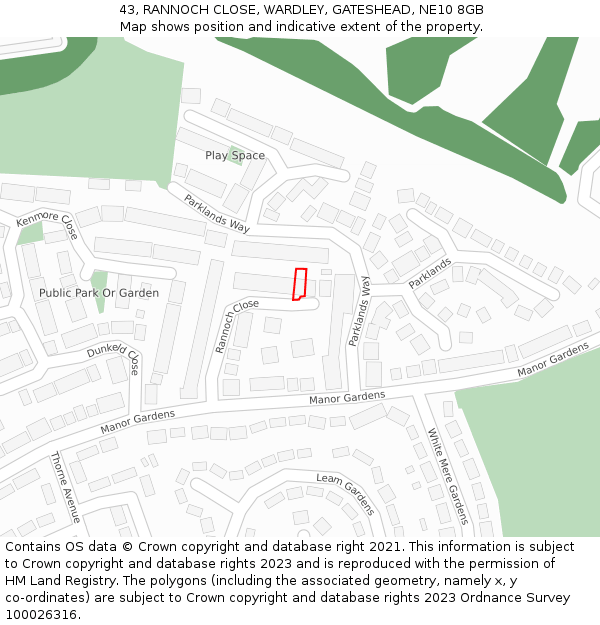 43, RANNOCH CLOSE, WARDLEY, GATESHEAD, NE10 8GB: Location map and indicative extent of plot