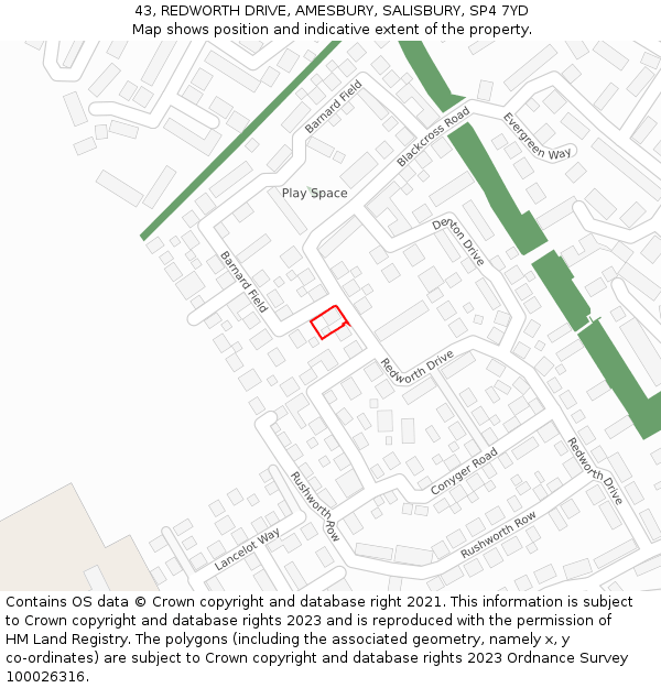 43, REDWORTH DRIVE, AMESBURY, SALISBURY, SP4 7YD: Location map and indicative extent of plot