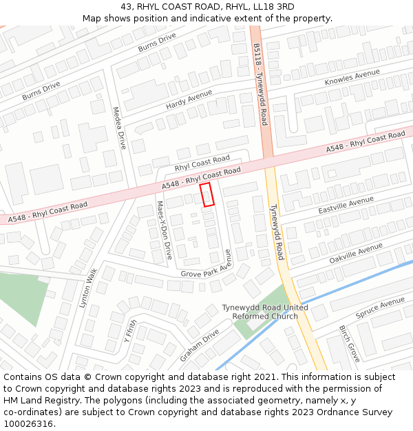 43, RHYL COAST ROAD, RHYL, LL18 3RD: Location map and indicative extent of plot