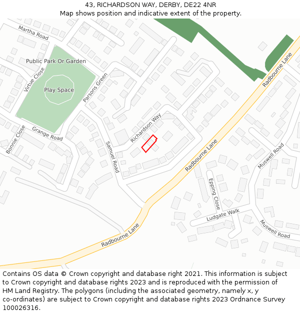 43, RICHARDSON WAY, DERBY, DE22 4NR: Location map and indicative extent of plot