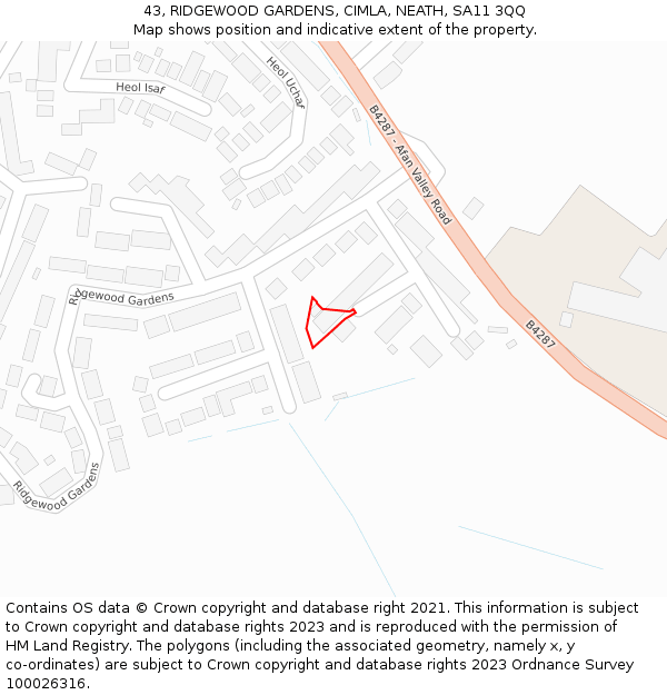 43, RIDGEWOOD GARDENS, CIMLA, NEATH, SA11 3QQ: Location map and indicative extent of plot