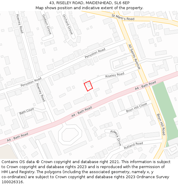 43, RISELEY ROAD, MAIDENHEAD, SL6 6EP: Location map and indicative extent of plot