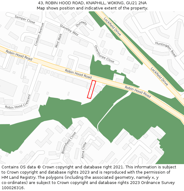 43, ROBIN HOOD ROAD, KNAPHILL, WOKING, GU21 2NA: Location map and indicative extent of plot