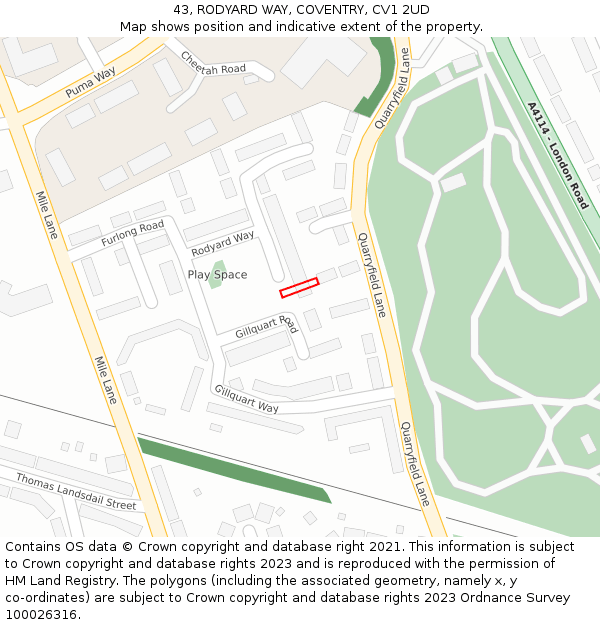 43, RODYARD WAY, COVENTRY, CV1 2UD: Location map and indicative extent of plot