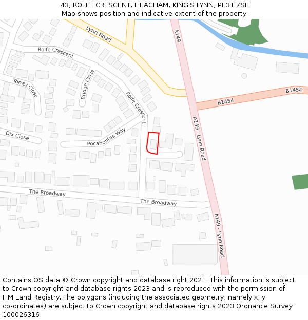 43, ROLFE CRESCENT, HEACHAM, KING'S LYNN, PE31 7SF: Location map and indicative extent of plot