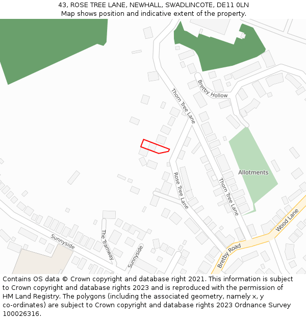 43, ROSE TREE LANE, NEWHALL, SWADLINCOTE, DE11 0LN: Location map and indicative extent of plot