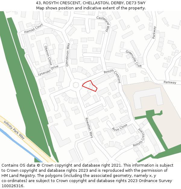 43, ROSYTH CRESCENT, CHELLASTON, DERBY, DE73 5WY: Location map and indicative extent of plot