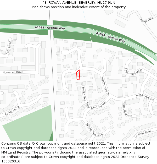 43, ROWAN AVENUE, BEVERLEY, HU17 9UN: Location map and indicative extent of plot