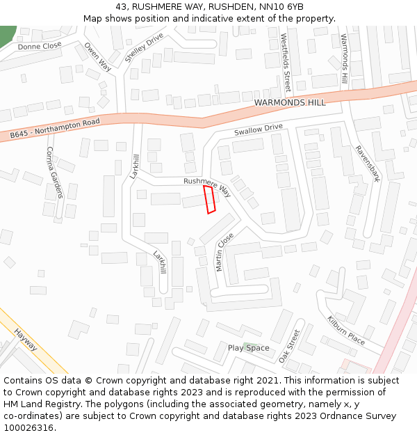 43, RUSHMERE WAY, RUSHDEN, NN10 6YB: Location map and indicative extent of plot