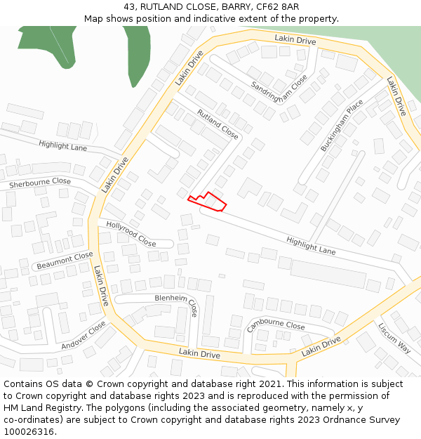 43, RUTLAND CLOSE, BARRY, CF62 8AR: Location map and indicative extent of plot