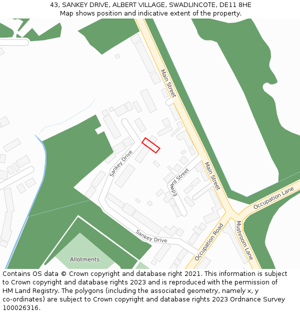 43, SANKEY DRIVE, ALBERT VILLAGE, SWADLINCOTE, DE11 8HE: Location map and indicative extent of plot