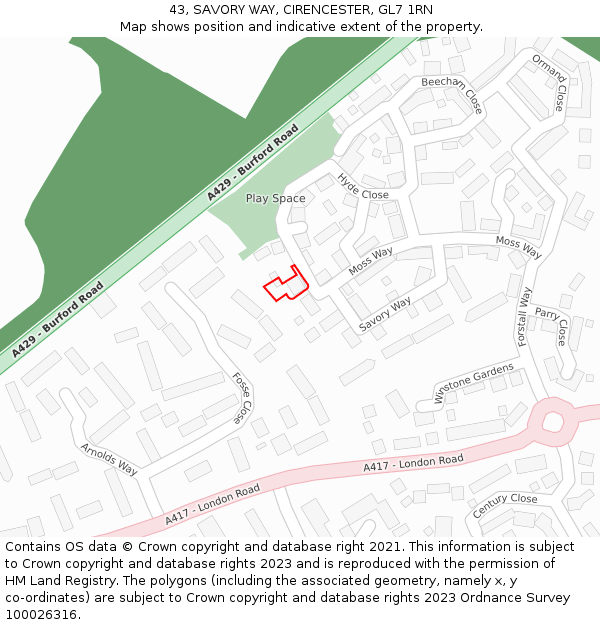 43, SAVORY WAY, CIRENCESTER, GL7 1RN: Location map and indicative extent of plot