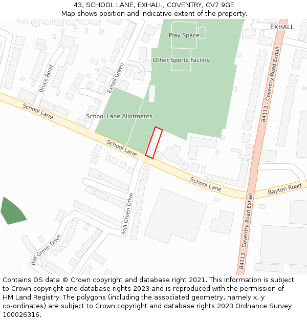 43, SCHOOL LANE, EXHALL, COVENTRY, CV7 9GE: Location map and indicative extent of plot