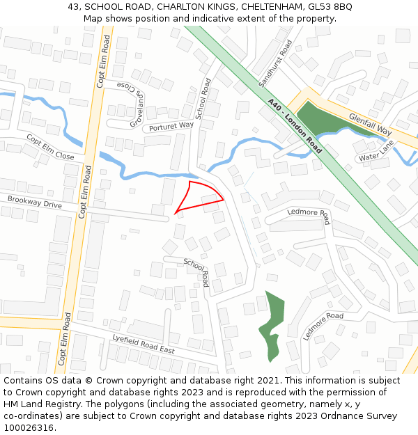 43, SCHOOL ROAD, CHARLTON KINGS, CHELTENHAM, GL53 8BQ: Location map and indicative extent of plot